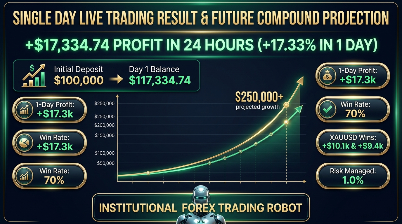 Forex Master Pro EA v5.0 Single Day Trading Profit +$17,334.74 and Future Compound Growth Projection